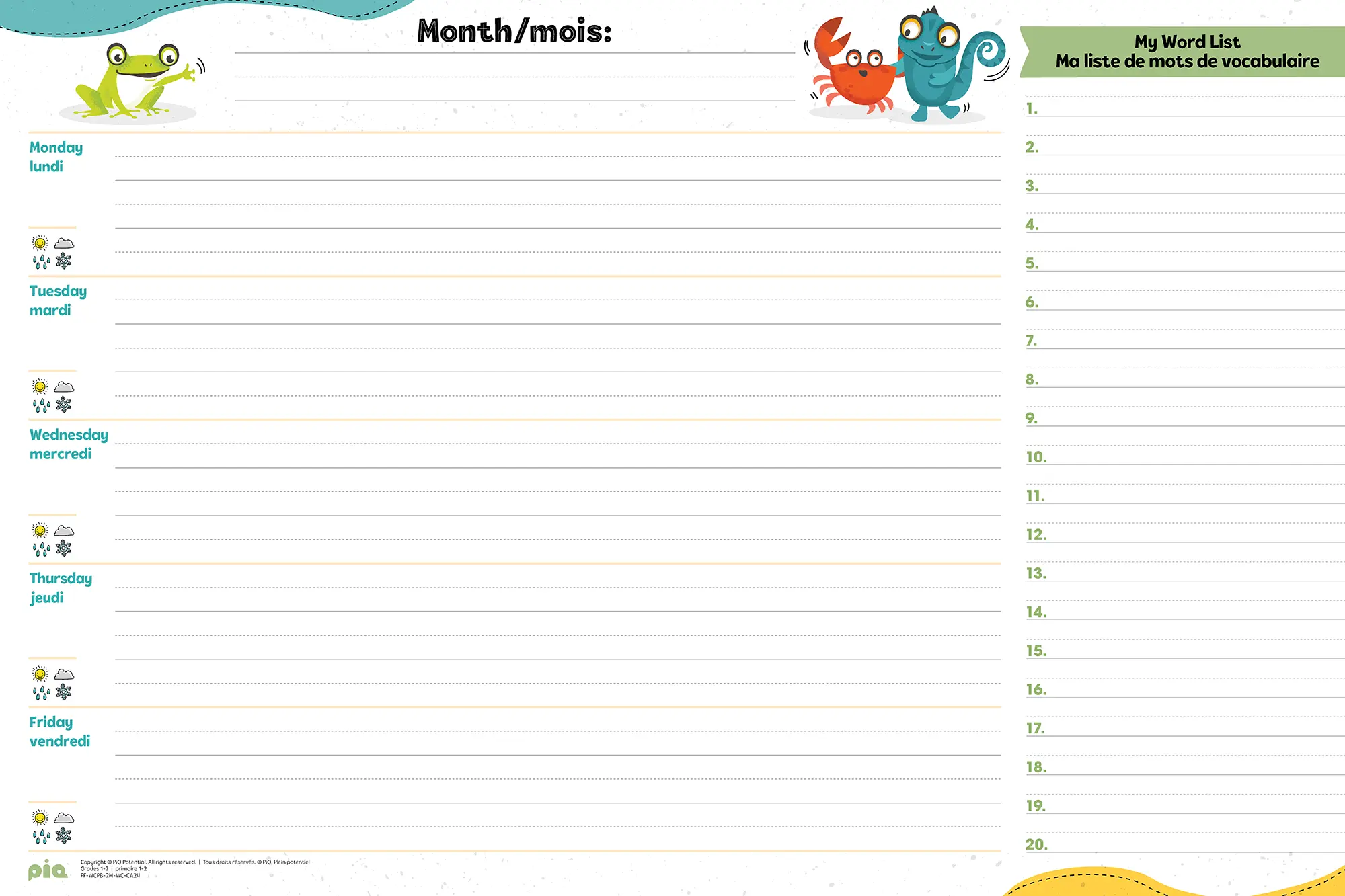 Wall Calendar Grade 1-2 Weekly Spread