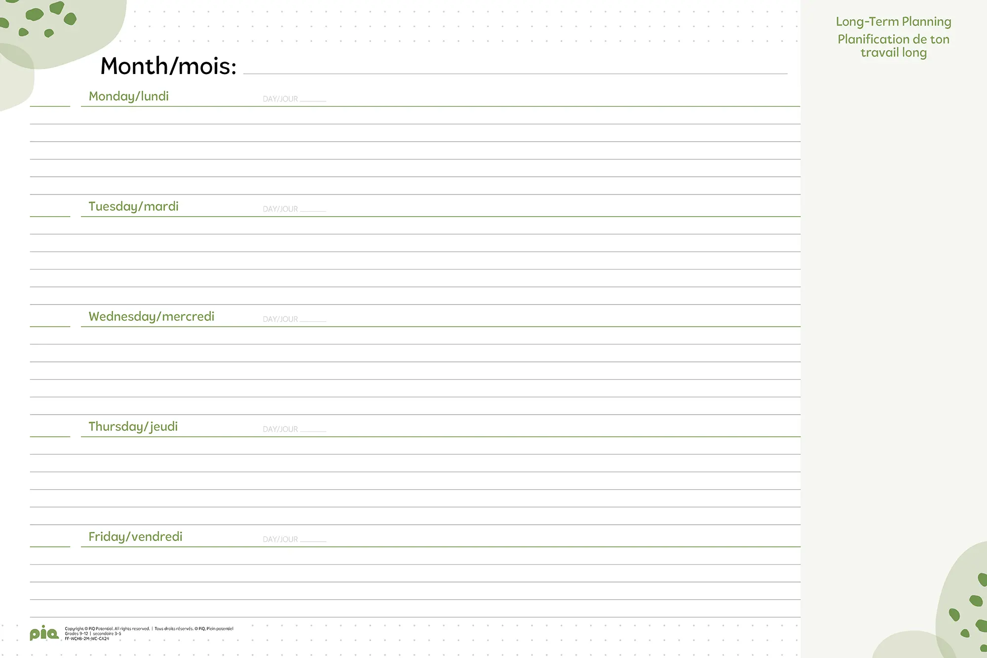 Wall Calendar Grade 9-12 Weekly Spread